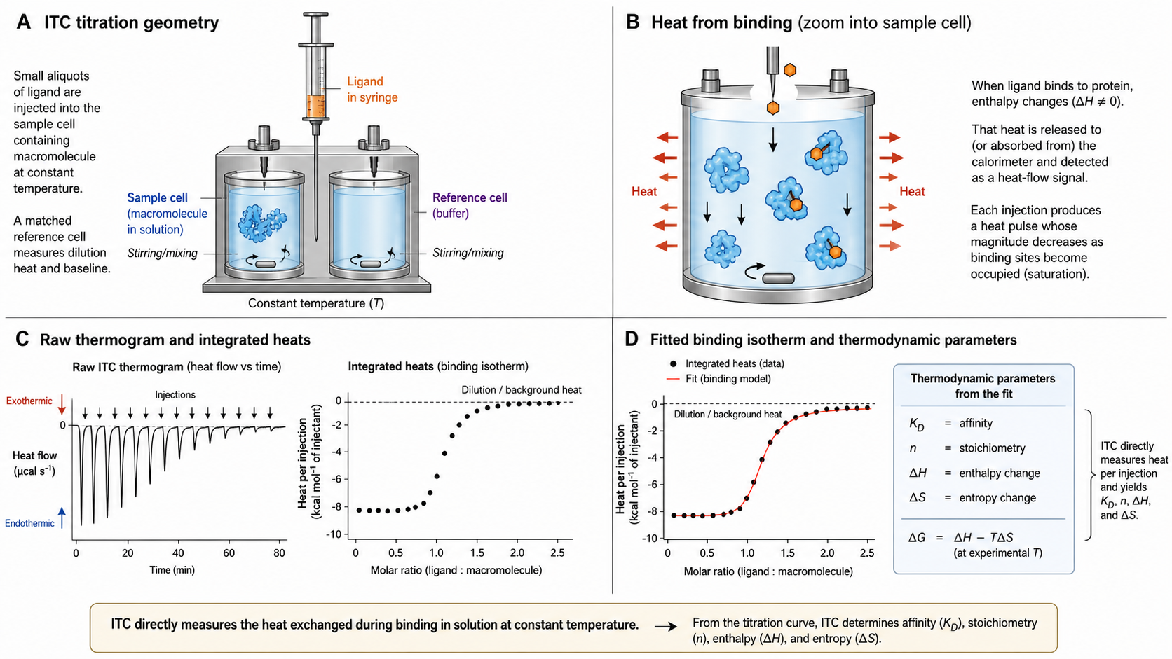 Figure 1 schematic explaining isothermal titration calorimetry: ligand injections into a sample cell, heat pulses from binding, integrated injection heats, and binding isotherm fitting for thermodynamic parameters